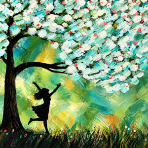 Joyful Girl under Blossoming Tree